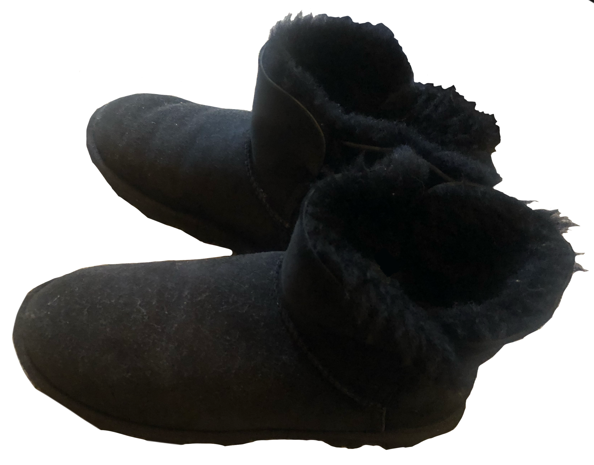A pair of black faux fur boots.