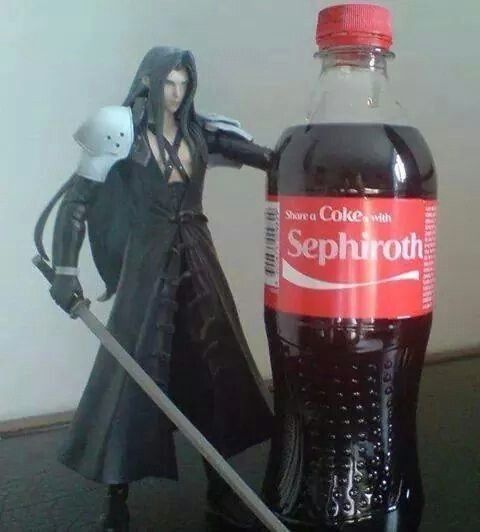 A figure of Sephiroth posing with a Coke