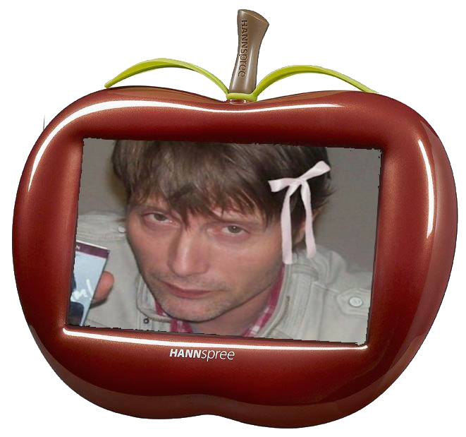 An apple HanSpree screen displaying Mads Mikkelson wearing a pink bow