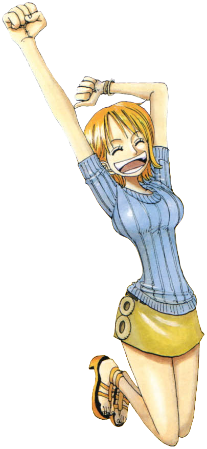 Nami from One Piece, a skinny pale woman with shoulder length orange hair. She is jumping, her right fist raised. She is happy.