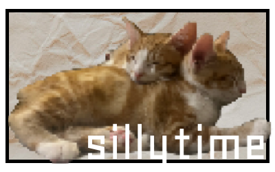 The site button of sillytime.neocities.org. It is two orange tabby kittens sleeping, with one's head rested on the other.